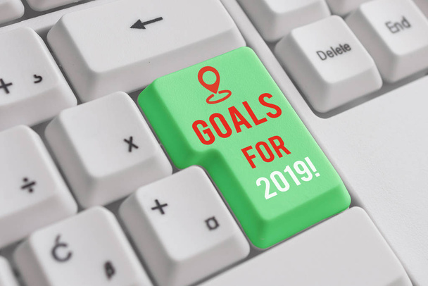 Text sign showing Goals For 2019. Conceptual photo object of demonstratings ambition or effort aim or desired result White pc keyboard with empty note paper above white background key copy space. - Photo, Image