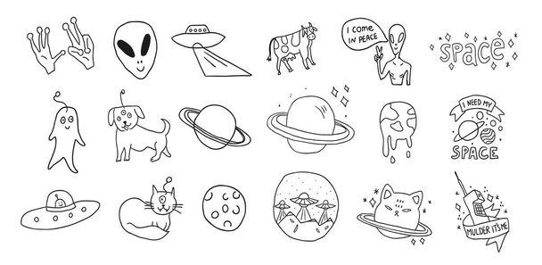 Establecer en un tema espacial con doodle extranjeros monstruos
 - Vector, Imagen