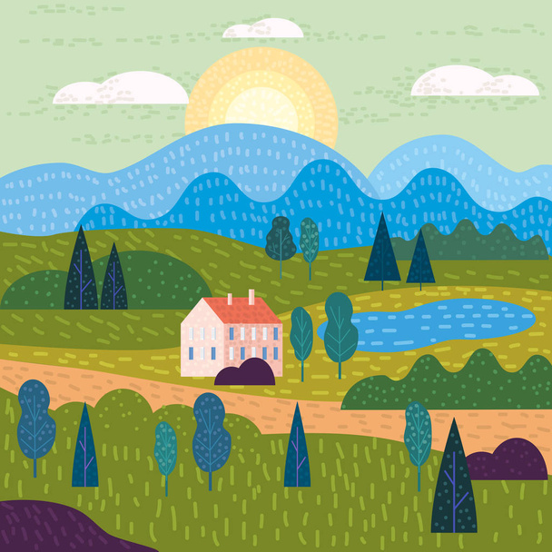 Τοπίο αγροτική χώρα με κτίριο, σπίτι βουνά λόφους και δέντρα. Απεικόνιση διάνυσμα σε μοντέρνο απλό γεωμετρικό επίπεδο στυλ, ιστοσελίδες, banner, αφίσα εξωφύλλου - Διάνυσμα, εικόνα