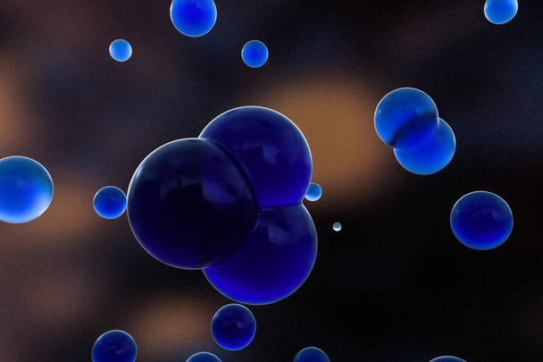 Blauwe bollen en moleculair model, willekeurig verdeeld, 3D-rendering. - Foto, afbeelding