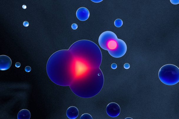 Niebieskie kule i model molekularny, losowo rozłożone, renderowanie 3D. - Zdjęcie, obraz