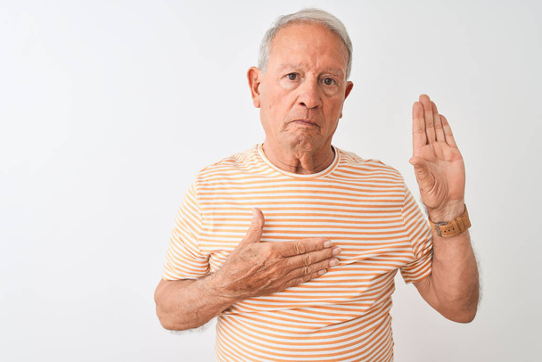 Senior uomo dai capelli grigi indossa maglietta a righe in piedi sopra isolato sfondo bianco giurando con mano sul petto e palmo aperto, facendo un giuramento di fedeltà
 - Foto, immagini