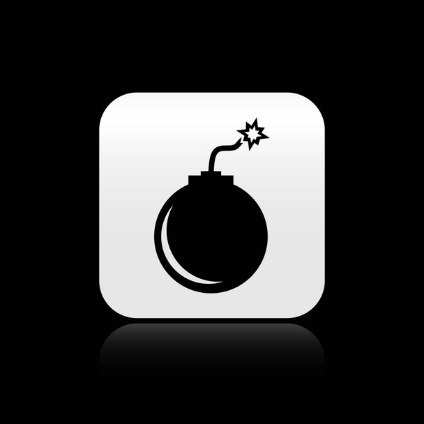 schwarze Bombe bereit zur Explosion Symbol isoliert auf schwarzem Hintergrund. Silberner quadratischer Knopf. Vektorillustration - Vektor, Bild