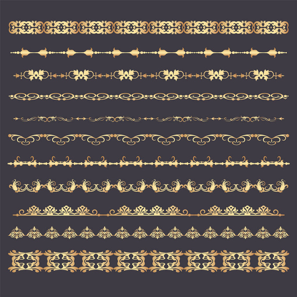 Border design. Gold elements on a black background. Festive decoration element. Christmas decoration. Vector illustration - Vector, Image