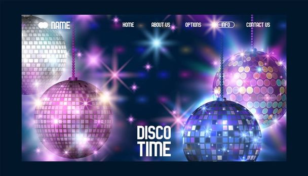 Disco time banner website design vector illustration. Life begins at night. Entertainment and event, disco show. Shining disco ball. Club party light element. Ball for dancing. - Vector, Image