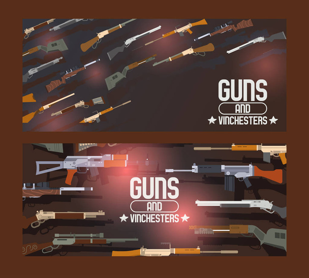 Guns and winchesters set of banners vector illustration. Automatic weapons, machine, pistolsrifle. Military combat firearms. Collection of hotgun and handgun. Vintage objects for shooting. - Vector, Image