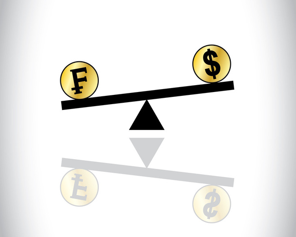 Concepto Ilustración de las fluctuaciones globales de las operaciones de cambio entre dos monedas más cotizadas - Dólar estadounidense y francos suizos
 - Foto, Imagen