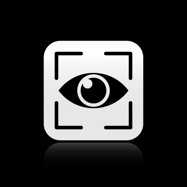黒い目のスキャンアイコンは、黒の背景に隔離されています。目をスキャンする。セキュリティ チェック シンボル。サイバーアイサイン。シルバーの正方形のボタン。ベクトルイラストレーション - ベクター画像