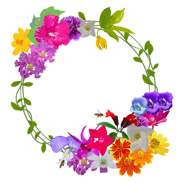 Garland of colorful realistic flower with flying bee isolated on - Vector, Image