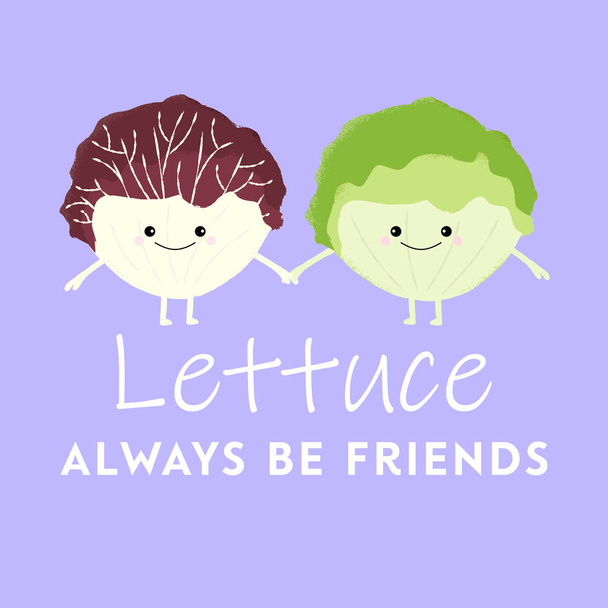 Vektorillustration zweier niedlicher Kawaii-Salate, die sich an den Händen halten. Salat sind immer Freunde. Nettes Wortspiel-Konzept. - Vektor, Bild