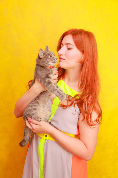 pretty young redheaded girl in long colorful summer dress with her lovely friend grey cat on yellow bright studio background - Foto, Bild