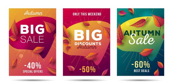 Set of bright posters fer Big autumn sale with fluid speach buuble shape and falling autumn leaves - Vector, Imagen
