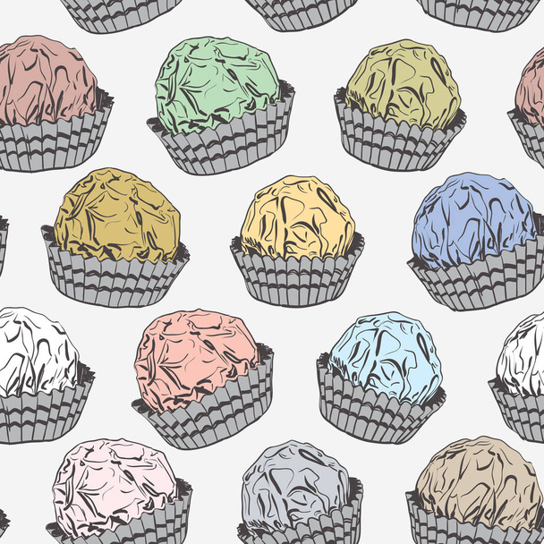 Seamless pattern Candy chocolate truffles in foil and paper cup. Drawing by hand sketch doodles. Gray yellow pink blue green brown. Vector - Vektör, Görsel