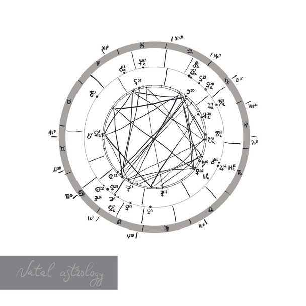 Horoskop-Geburtshoroskop, astrologische Himmelskarte, Kosmogramm, Vitasphäre, Radix. weiße schwarze Farbe. handgezeichnete Kalligraphie. Vektor - Vektor, Bild
