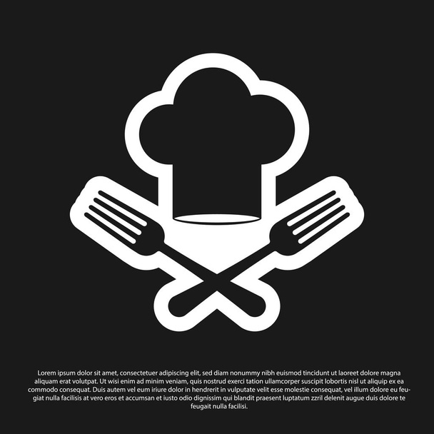 Zwarte chef-kok hoed en gekruiste vork icoon geïsoleerd op zwarte achtergrond. Kook symbool. Restaurant menu. Koks hoed. Vector illustratie - Vector, afbeelding