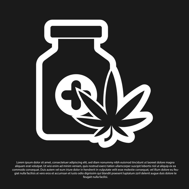 黒の背景に隔離されたマリファナや大麻の葉のアイコンを持つ黒の医療用ボトル。瓶の中の大麻油抽出物のモックアップ。ベクターイラスト - ベクター画像