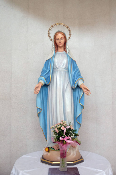 Estátua da Virgem Maria no altar da igreja da Imaculada Conceição da Virgem Maria em Malesnica área residencial, Zagreb, Croácia
 - Foto, Imagem