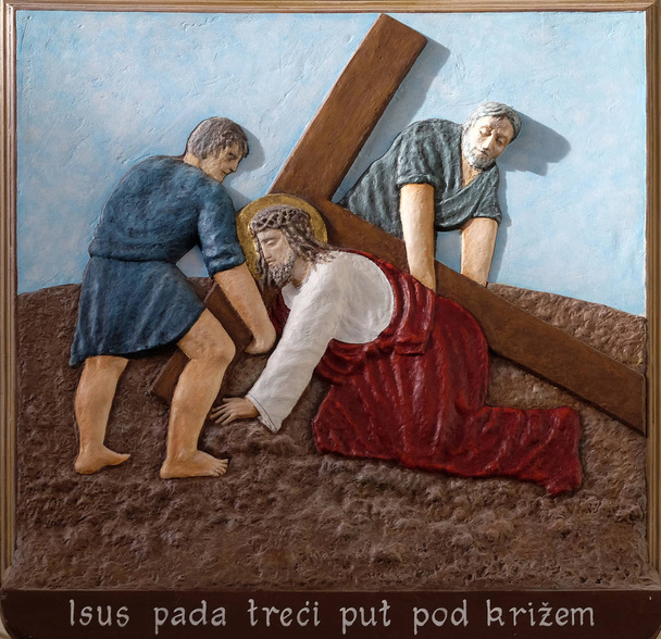 9th Stations of the Cross, Jesus falls the third time, church of Immaculate Conception of the Virgin Mary in Malesnica, Zagreb, Croatia - Photo, Image