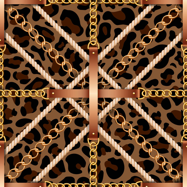 Naadloze patroon met riemen, kettingen en touw op leopard huid achtergrond - Vector, afbeelding
