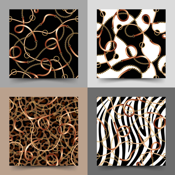 ベルト、チェーン、ロープ付きシームレスパターンのセット - ベクター画像