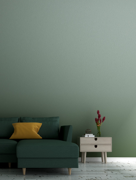 The loft living room and green wall texture background and green leather sofa  - Photo, Image