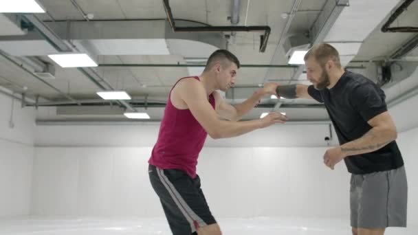 Greko-Romen güreşçiler paspaslı beyaz bir odada. Nefsi müdafaa tekniklerini uygulamak. Atmak ve ağrı - Video, Çekim