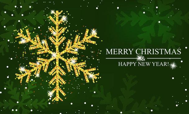 Christmas and New Year green background with golden snowflake. Xmas decoration. Template for greeting card, banner or poster. Vector - Διάνυσμα, εικόνα
