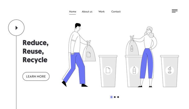 Emberek újra szemét website céloldal. Férfi és nő dobja Kuka újrahasznosítás konténerek és táskák. Ökológiai védelem csökkentse műanyag szennyezés weblap banner. Cartoon Flat vektoros illusztráció - Vektor, kép