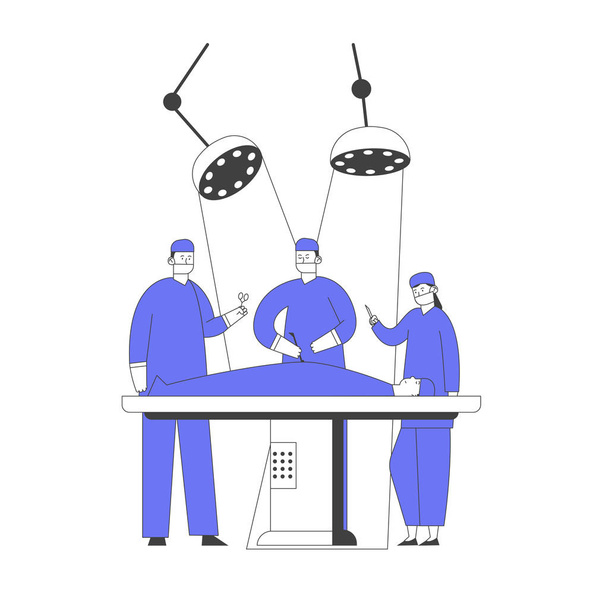 外科医は病院の外科部屋でベッドに横たわっている患者に手術をする。看護師スタッフは、医療ツール、緊急医療、ヘルスケア漫画フラットベクトルイラストラインアートを与えるのを助けます - ベクター画像