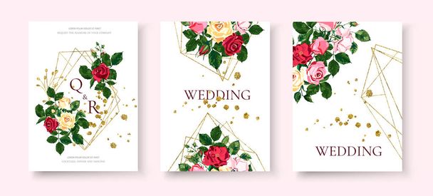 Carte d'invitation de cadre triangulaire doré floral de mariage avec des fleurs roses
 - Vecteur, image