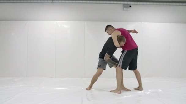 Zwei männliche Ringer in einem weißen Raum trainieren Wurfmatten. Greifen Sie zu und werfen Sie sich durch - Filmmaterial, Video
