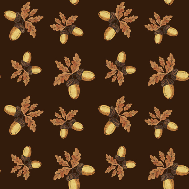 Hand drawn watercolor autumn oak seamless pattern. Oak leaves and acorns on the branches seamless texture on brown background. Design for seasons greeting cards or gift wrapping, wallpaper.  - Foto, immagini