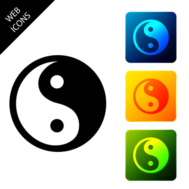 Yin Yang symbol harmonie a rovnováhy izolován na bílém pozadí. Nastavení ikon barevných čtvercových tlačítek. Vektorová ilustrace - Vektor, obrázek