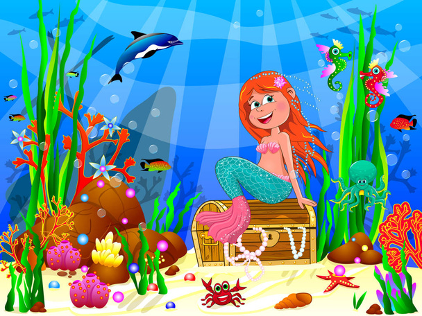 Bonito alegre pequena sereia no mundo subaquático 1
 - Vetor, Imagem