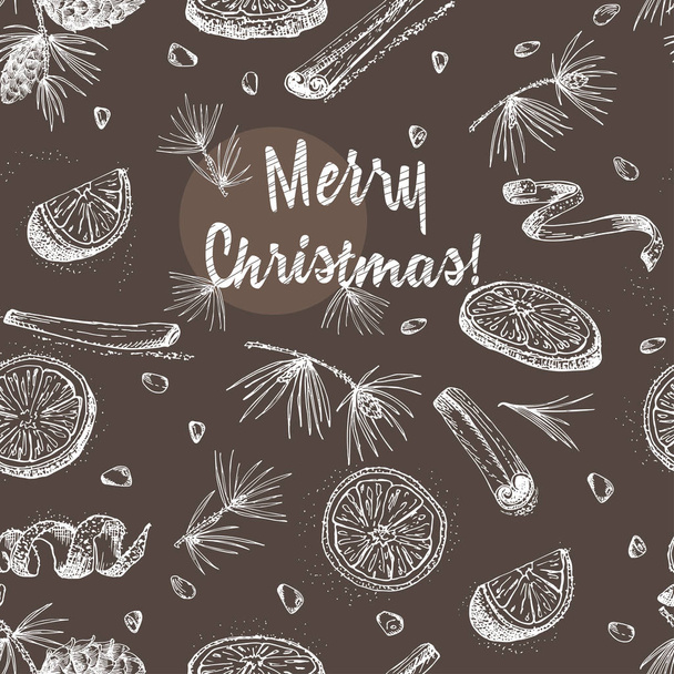 Saumaton kuvio käsin piirretyillä joulun talvimausteilla Perinteisesti käytetty jälkiruokia, kuumaa glögiä, kotitekoisia evästeitä. Liitutaulu tyyli taidetta
 - Vektori, kuva