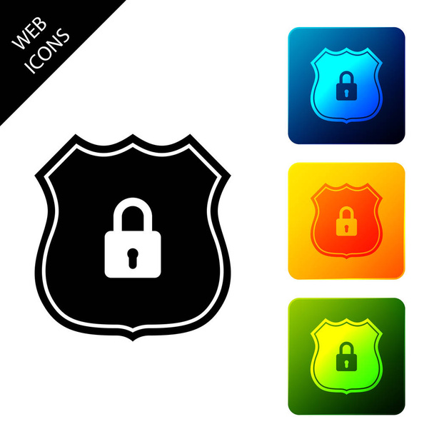 Shield security with lock icon isolated on white background. Protection, safety, password security. Firewall access privacy sign. Set icons colorful square buttons. Vector Illustration - Vector, Image