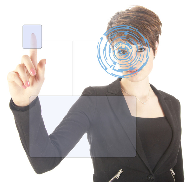 Giovane donna con iride di sicurezza e scansione delle impronte digitali isolata su sfondo bianco
 - Foto, immagini