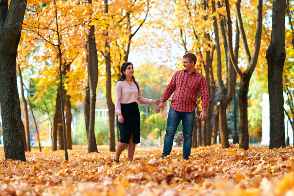 Pareja feliz caminando en el parque de otoño de la ciudad. Árboles y hojas de color amarillo brillante
 - Foto, imagen