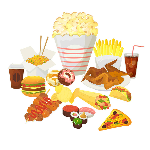 Fast food vektörü beyaz arka planda izole edildi. Fast food hamburger, pop mısır, kola ve tavuk akşam yemeği ile kızarmış patates, lezzetli birçok yemek ve sağlıksız fastfood beslenme seti. - Vektör, Görsel