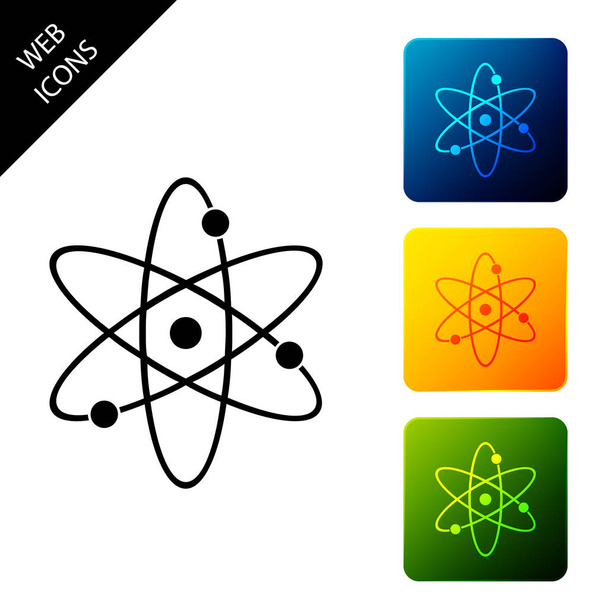 Atomi kuvake eristetty valkoisella taustalla. Symboli tieteen, koulutuksen, ydinfysiikan, tieteellisen tutkimuksen. Elektronit ja protonit. Aseta kuvakkeet värikkäitä neliön painikkeita. Vektorikuvaus
 - Vektori, kuva