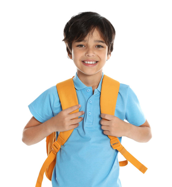 Happy boy in school uniform on white background - Foto, afbeelding