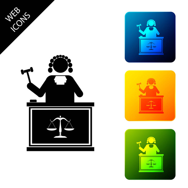 Ο δικαστής με σφυρί στο εικονίδιο του τραπεζιού απομονώθηκε σε λευκό φόντο. Ορίστε εικονίδια πολύχρωμα τετράγωνα κουμπιά. Απεικόνιση διανυσματικών φορέων - Διάνυσμα, εικόνα