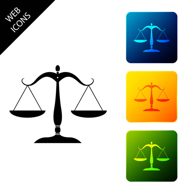 Ikona skali sprawiedliwości wyizolowana na białym tle. Symbol sądu. Znak skali wagi. Ustawianie ikon kolorowych kwadratowych przycisków. Ilustracja wektorowa - Wektor, obraz