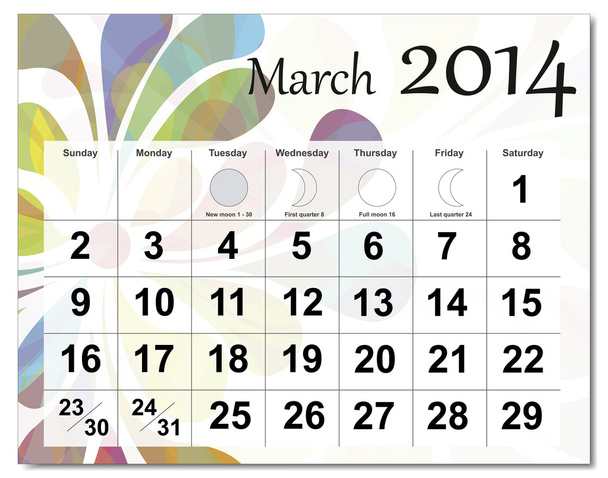 3 月 2014年カレンダー - ベクター画像