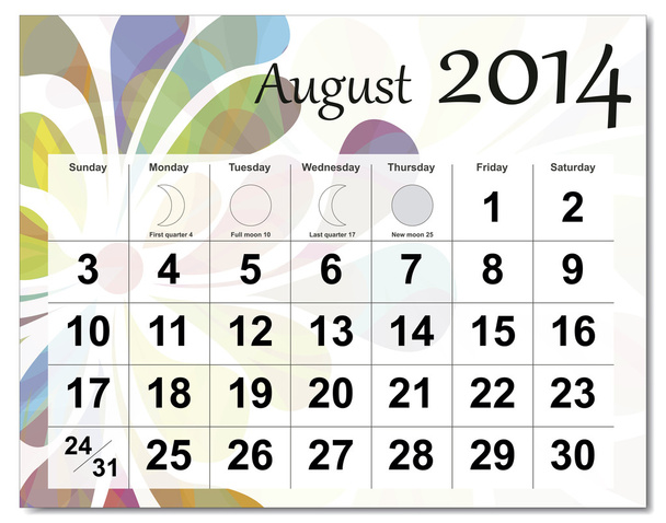 augusztus 2014-es naptár - Vektor, kép