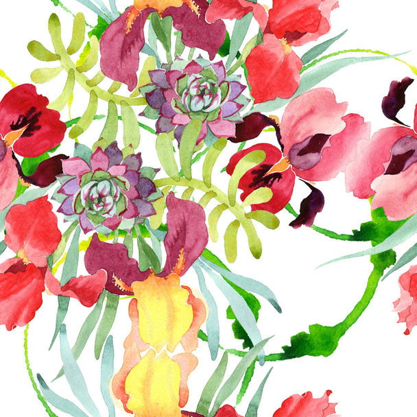 Bouquet floral botanical flower. Watercolor background illustration set. Seamless background pattern. - 写真・画像