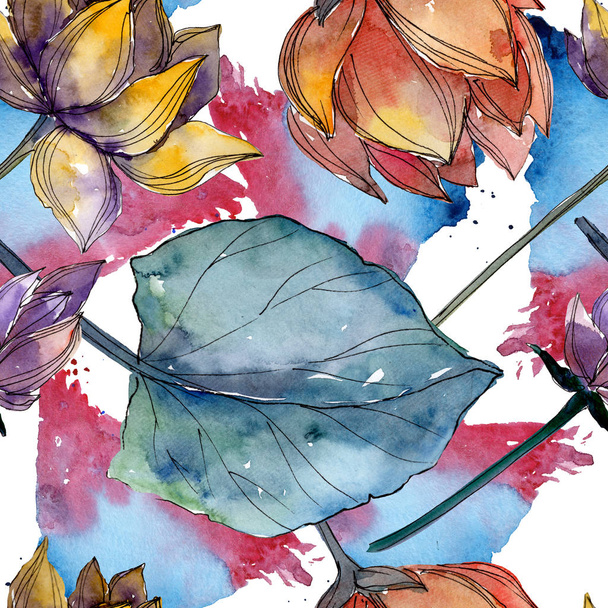 Lotus floral botanical flowers. Watercolor background illustration set. Seamless background pattern. - Photo, Image