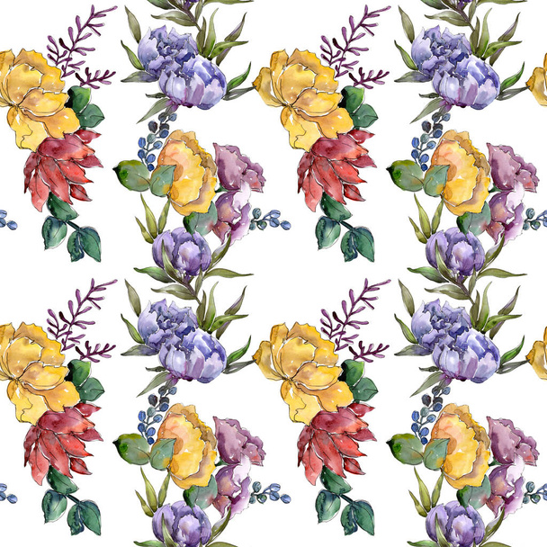 Μπουκέτο λουλουδιών βοτανικό λουλούδια. Ακουαρέλα φόντο εικόνα σύνολο. Απρόσκοπτη υπόβαθρο μοτίβο. - Φωτογραφία, εικόνα