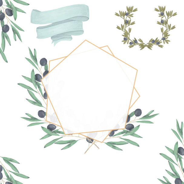Wedding Invitation, Watercolor floral invite card, olive floral geometric golden polygonal frame print for greeting card. White background - Foto, Bild