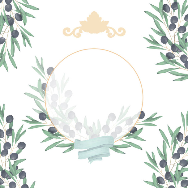 Wedding Invitation, floral invite card, olive floral and magnolia geometric golden circle frame print. White background. - Fotografie, Obrázek